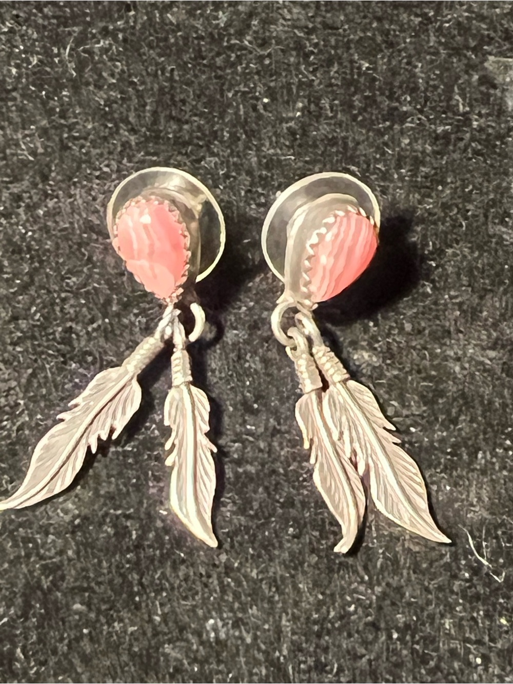 Vintage Southwestern Sterling Silver Inca Rose Dangling Feather Dangle Earrings